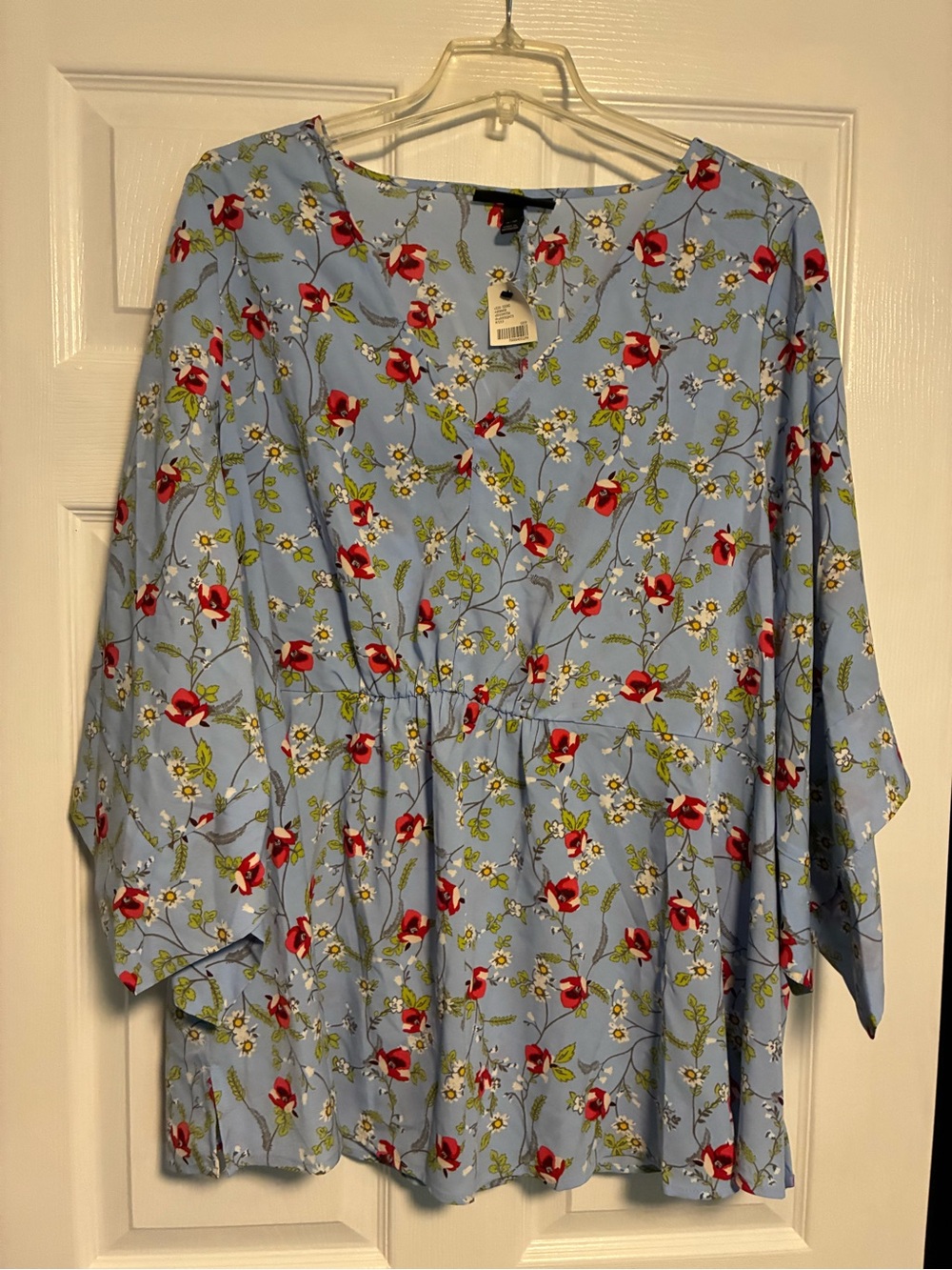 Lane Bryant Light Blue Floral Blouse with Red Blooms